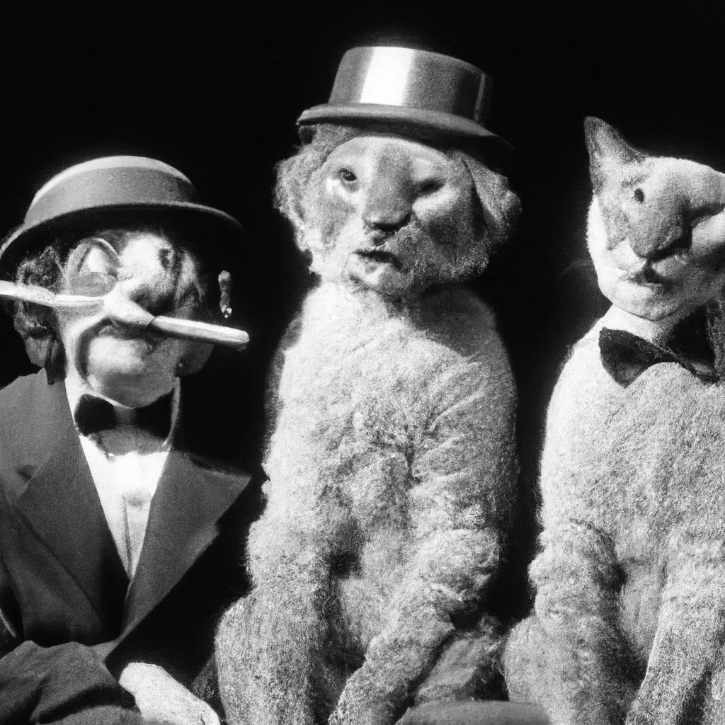 3 humanoid cats starring as Groucho, Harpo and Chico