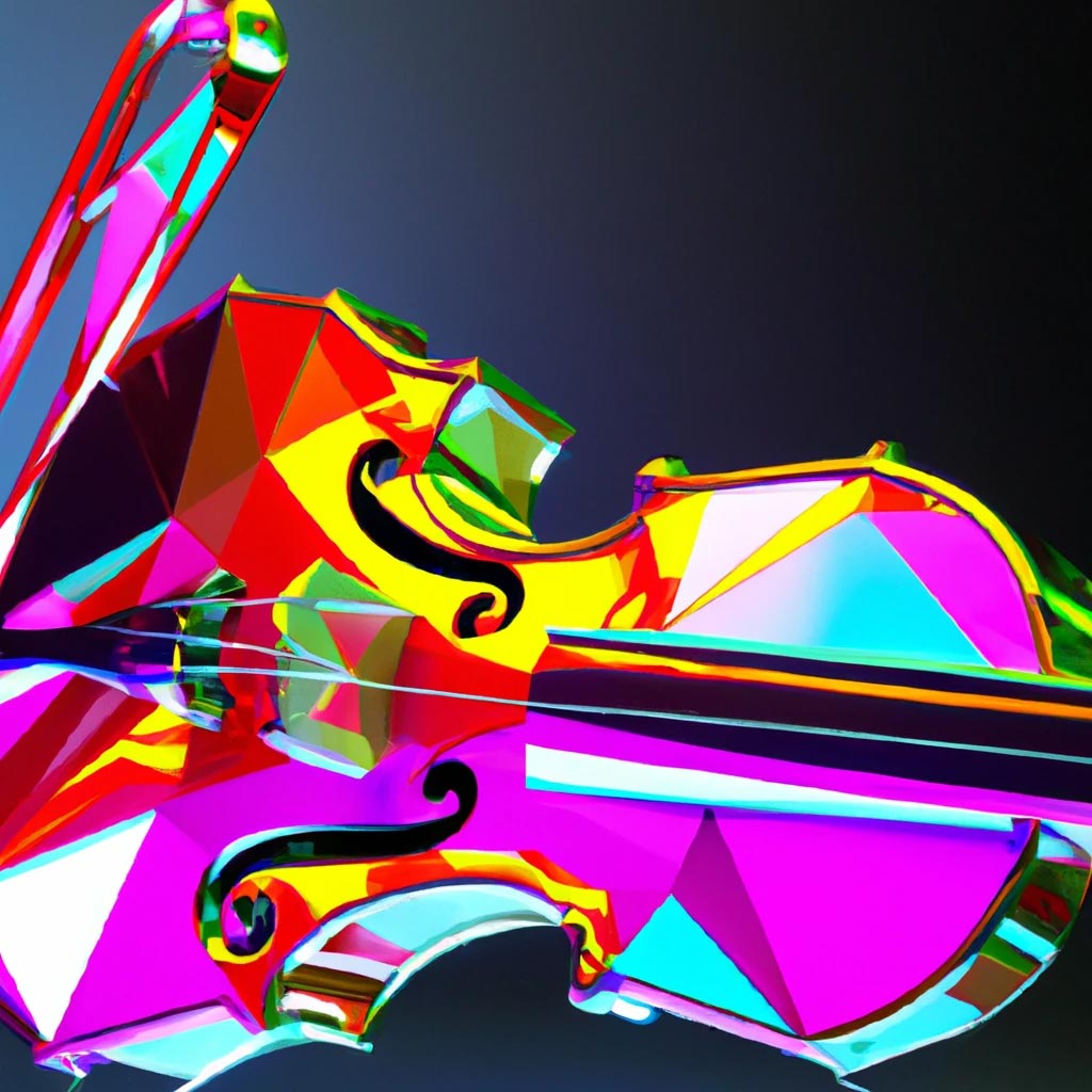 A 3D beautiful iridescent neon diamond gold violin made