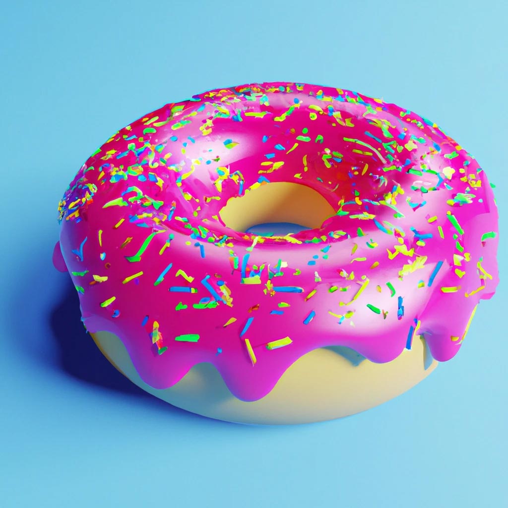 A 3D render of a strawberry glazed donut with