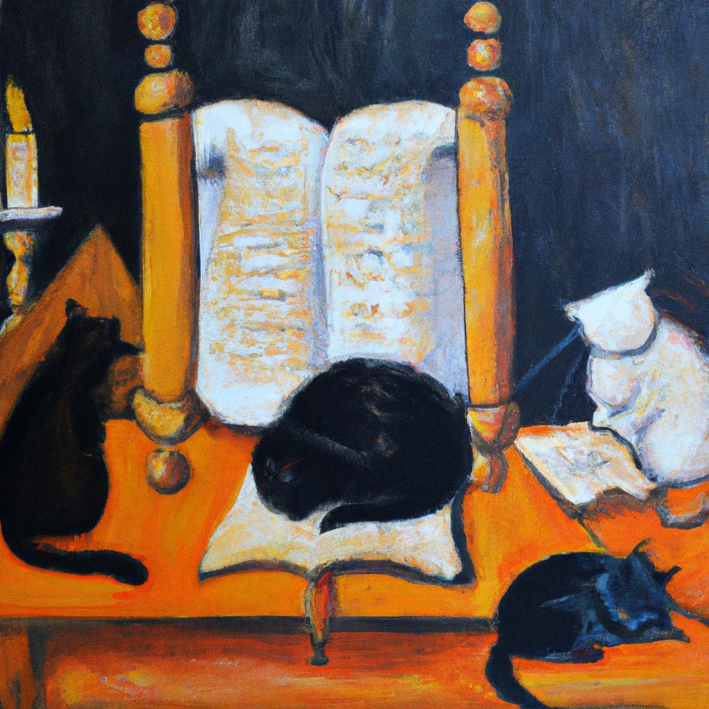 A black cat is reading Torah, while a two