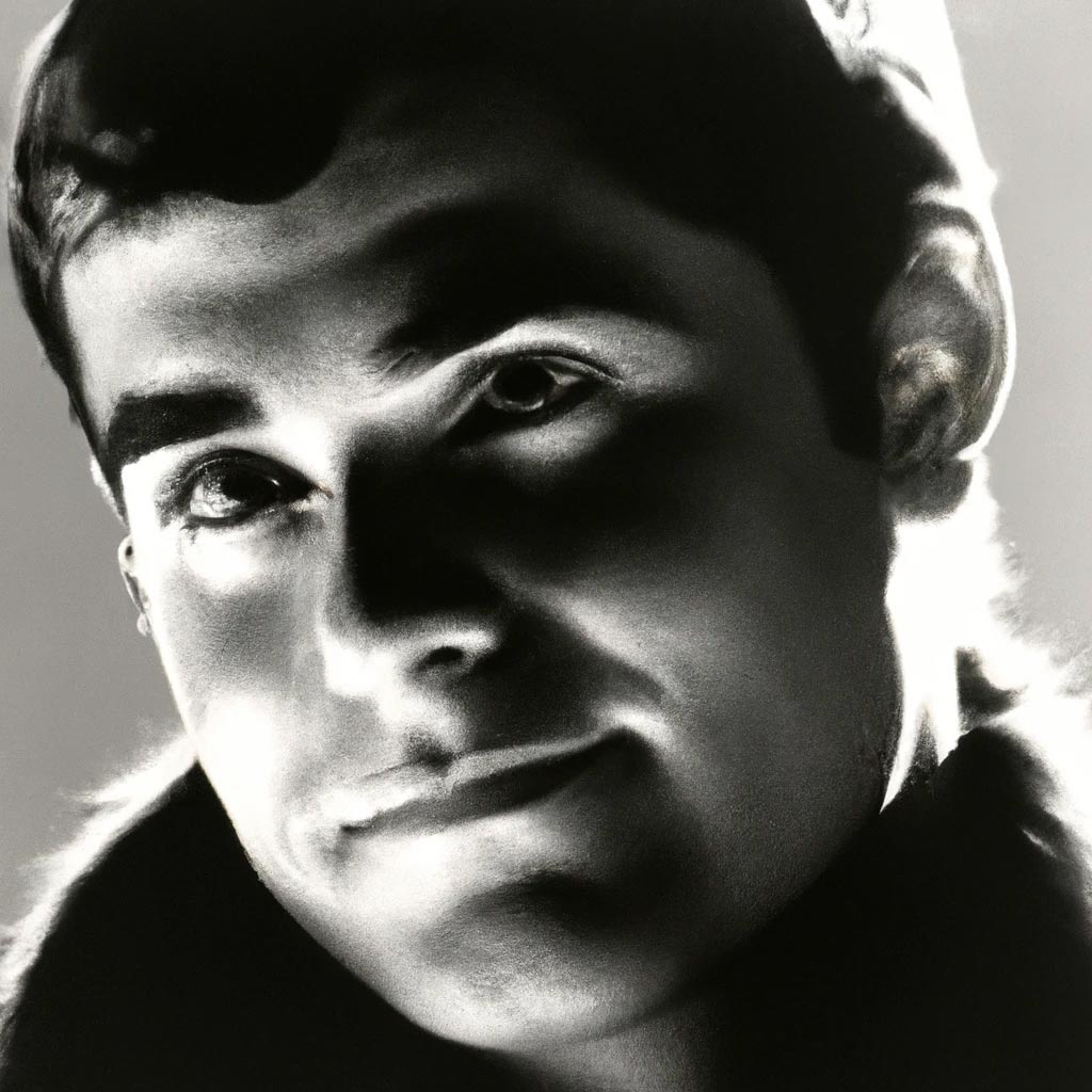 A close-up black & white studio photographic portrait of