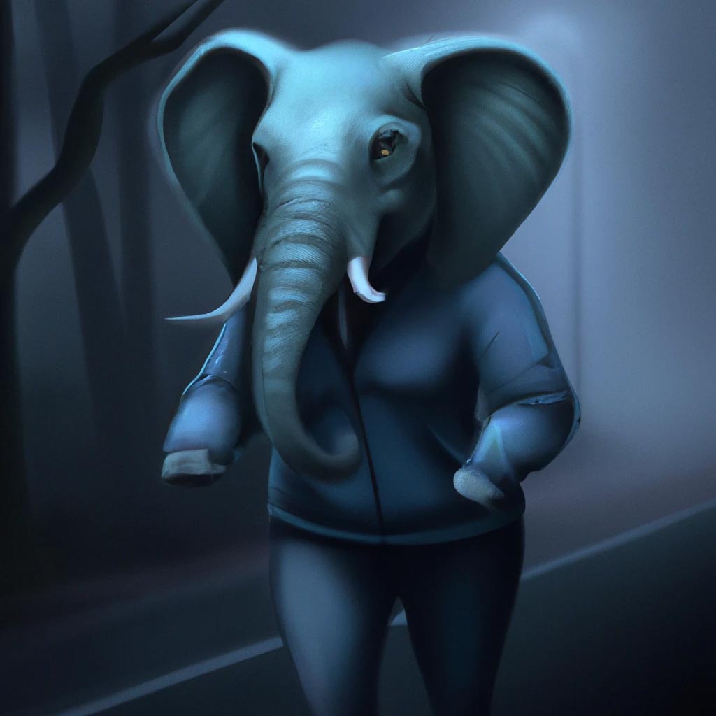 A curvy anthropomorphic elephant woman wearing a sweatsuit while