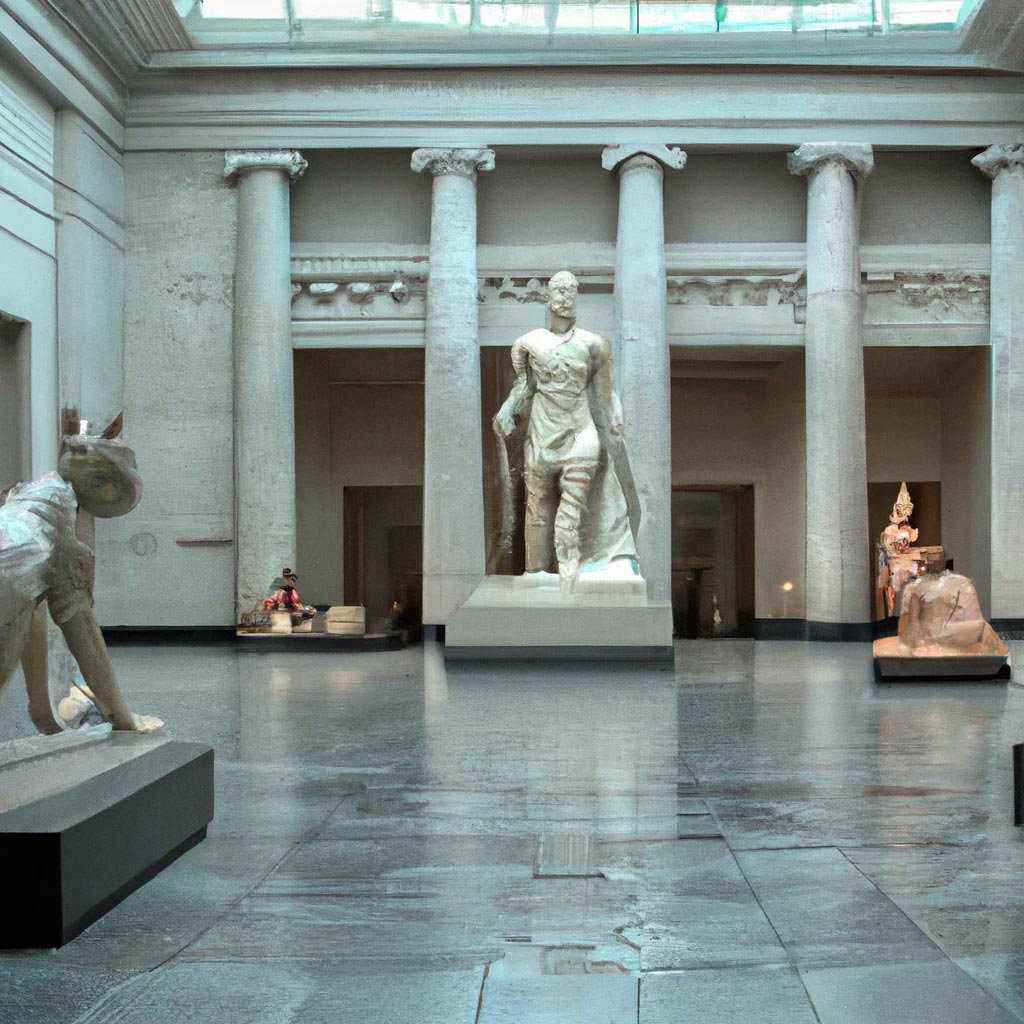 A deserted British Museum hall dominated by an ancient