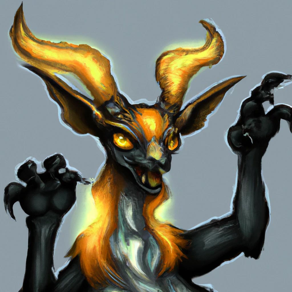 A dragon-goat hybrid, its eyes glow yellow, it wears