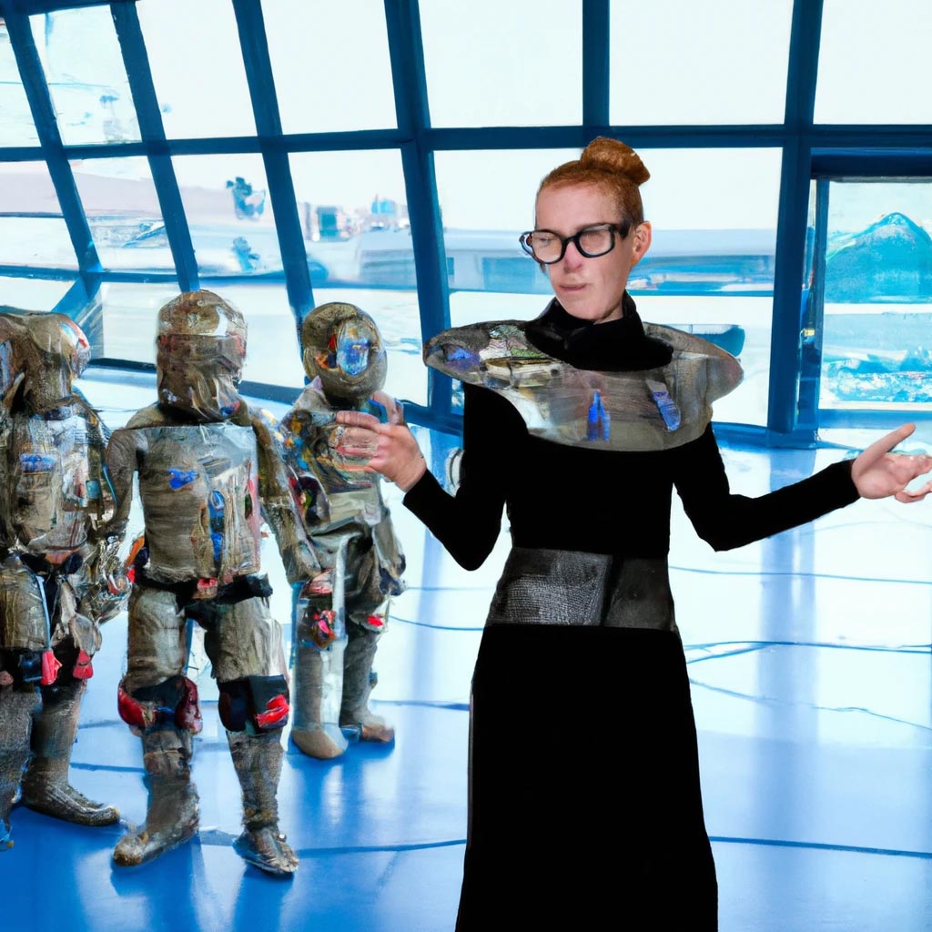 A female droid teacher in front of a class