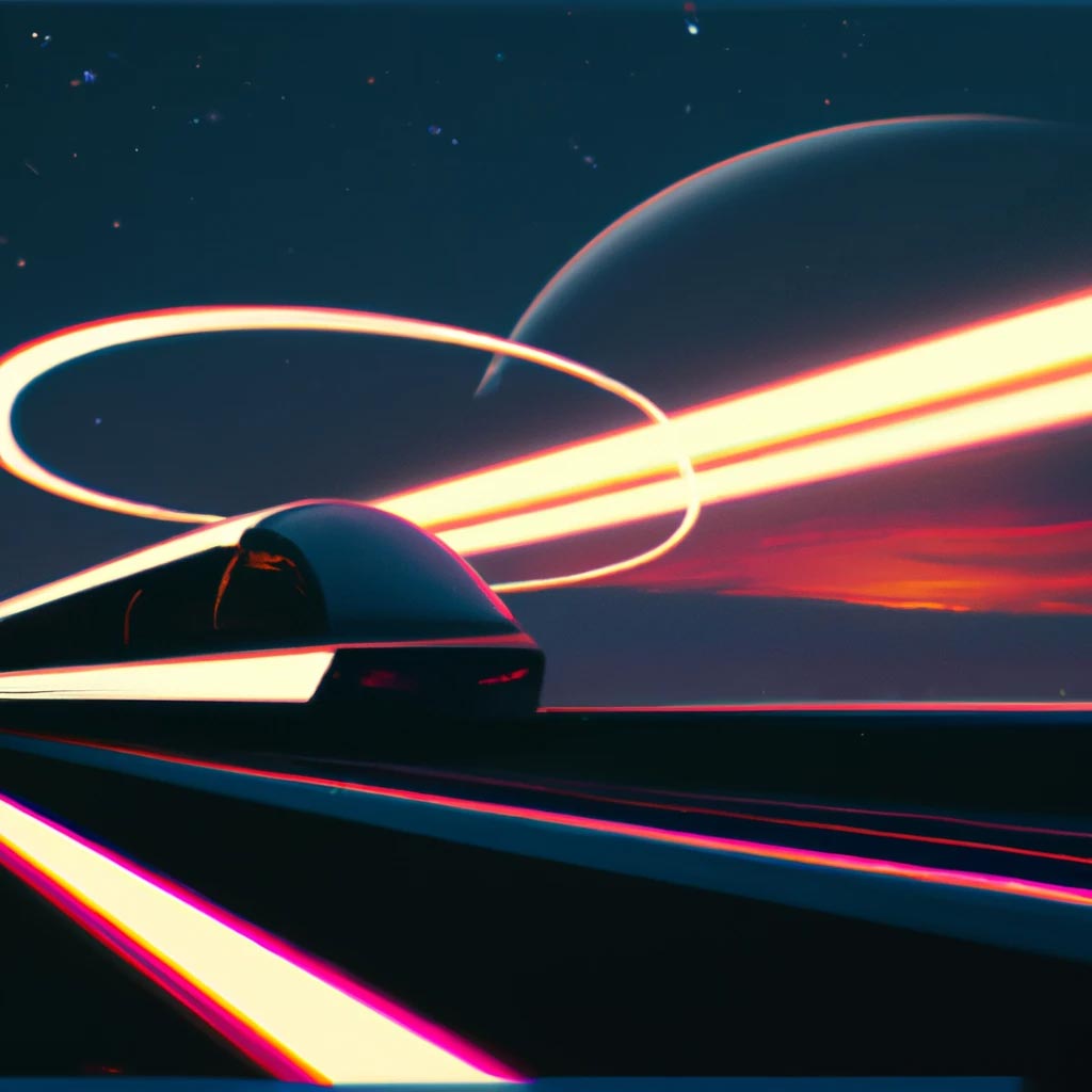 A futuristic train passing by Saturn leaving a trail