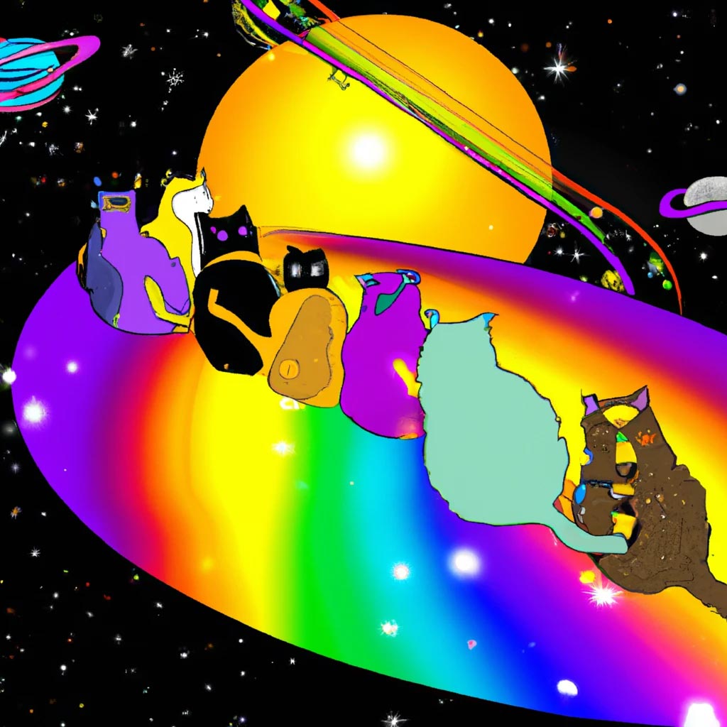 A group of fat space fairing cats surfing on