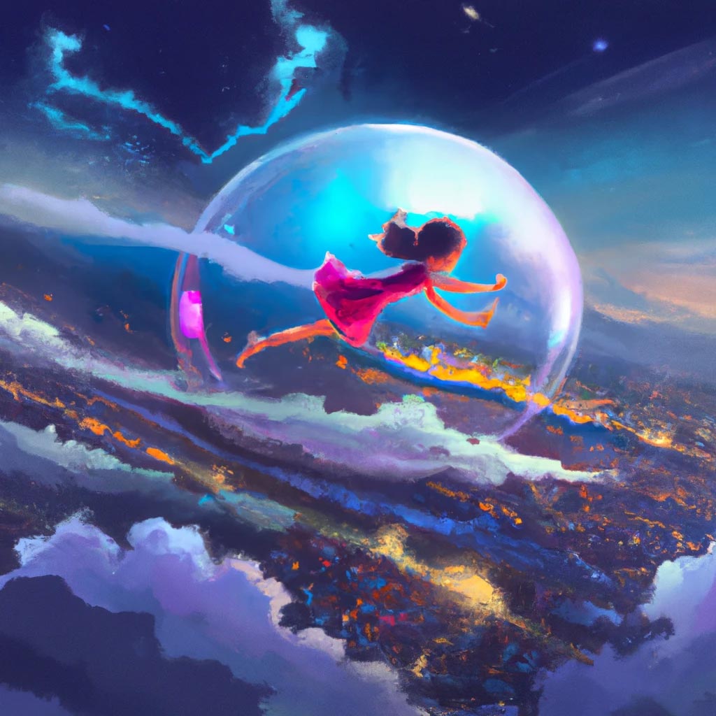 A happy fantasy girl floating weightlessly inside a giant