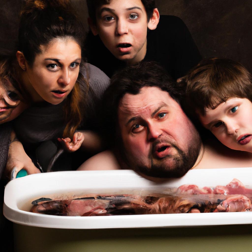 A hungry family around a bathtub full of meat.