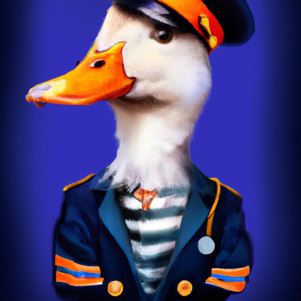 A intelligent-looking duck dressed as captain, portrait
