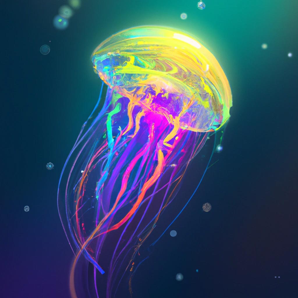A jellyfish with rainbow leds on its tentacle illuminating