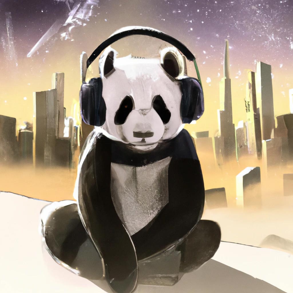 A panda in the future setting of the city