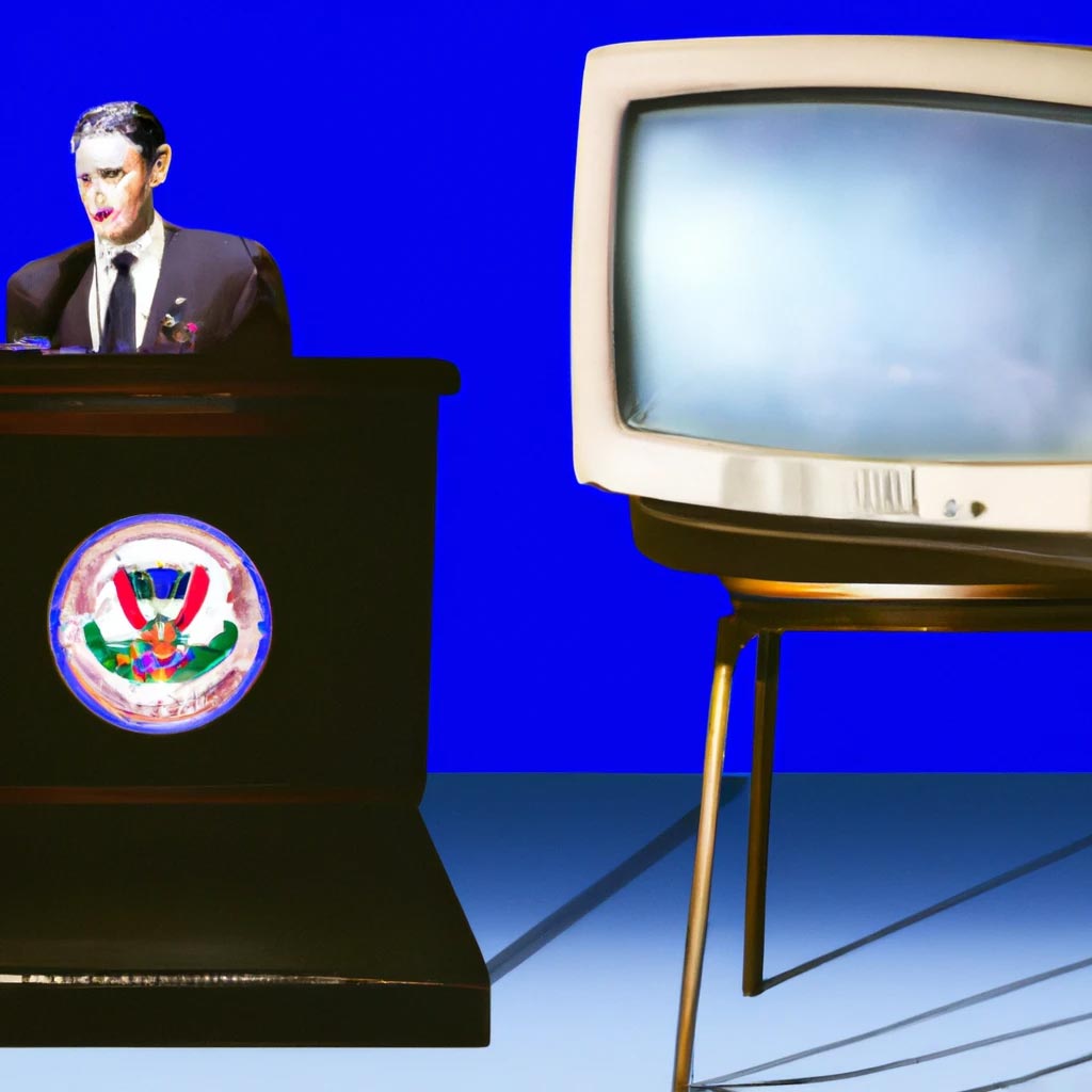 A photograph of a computer at a podium ona