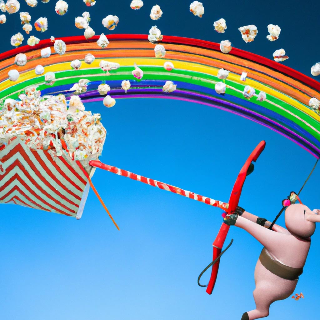 A pig over a rainbow shooting popcorn