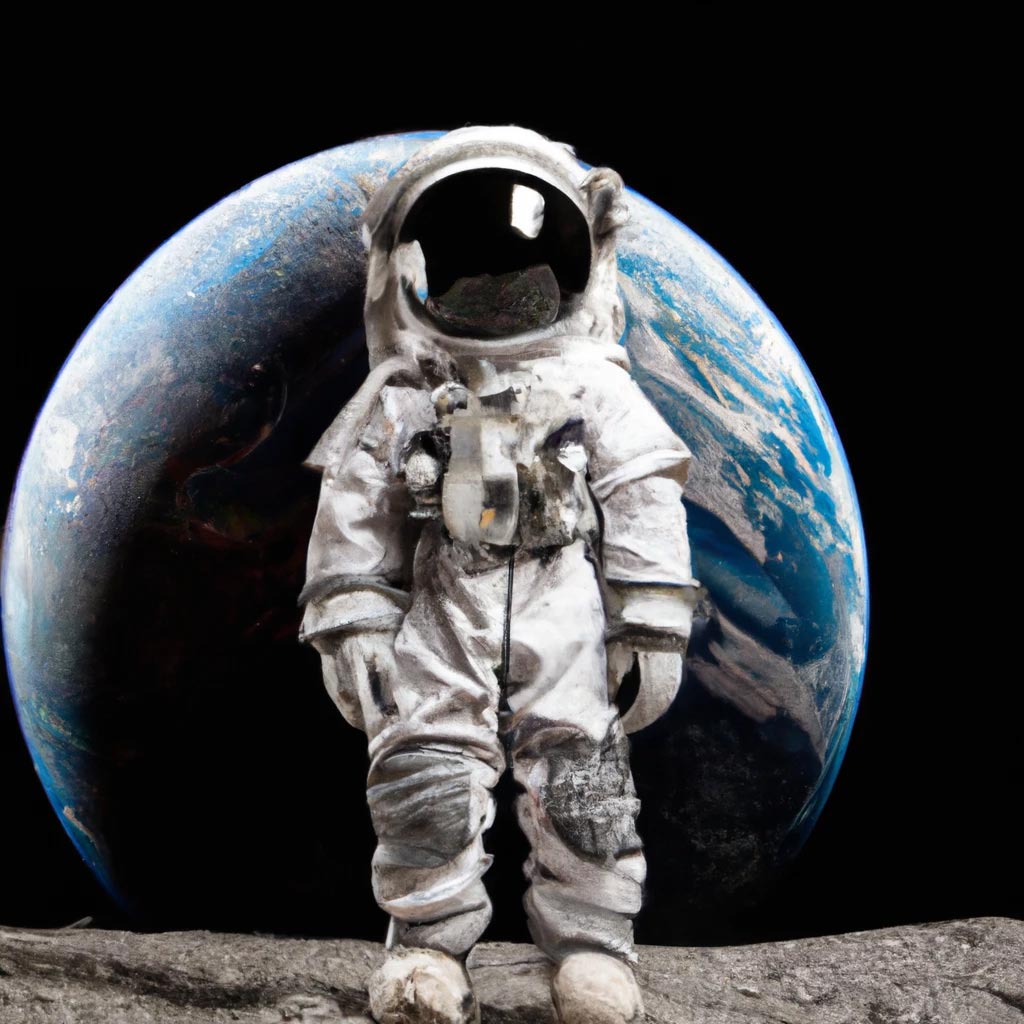 A portrait of a small astronaut standing on the