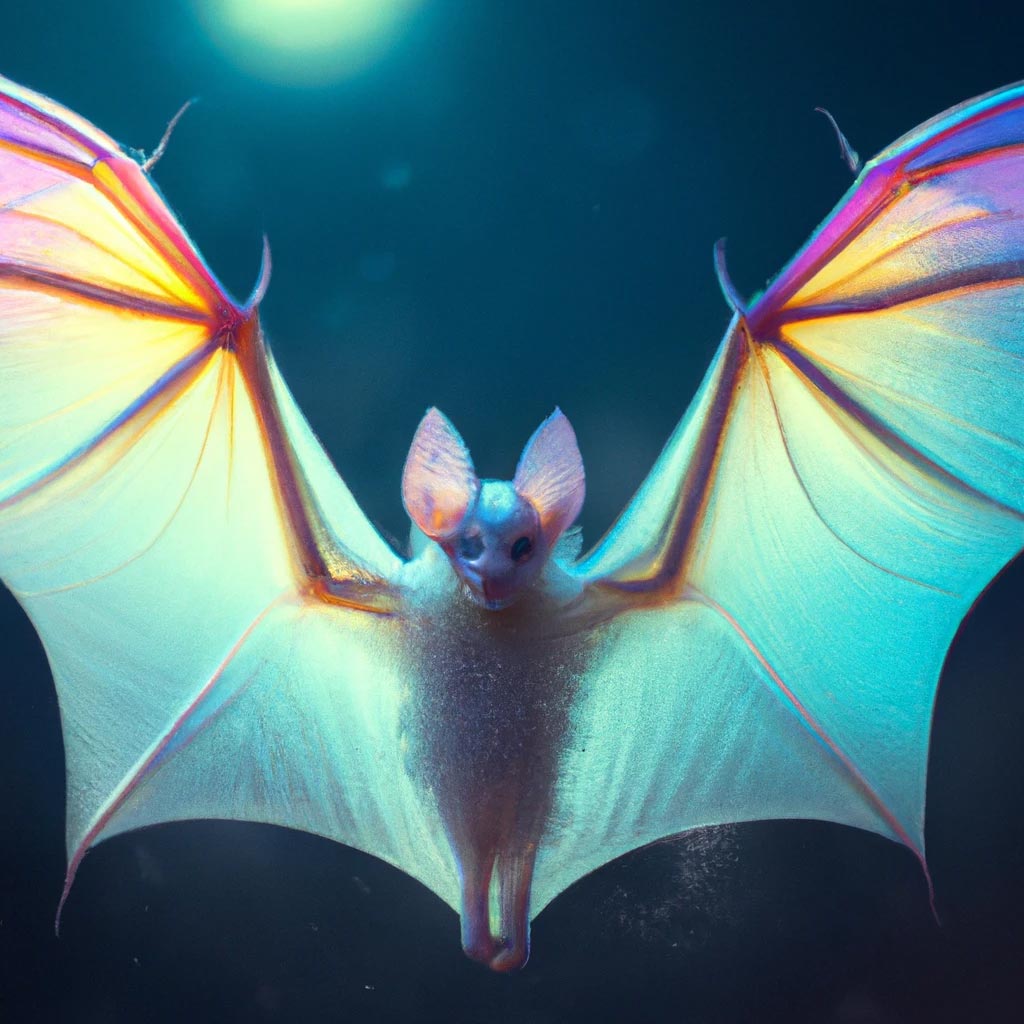 A portrait of an albino bat spreading its translucent