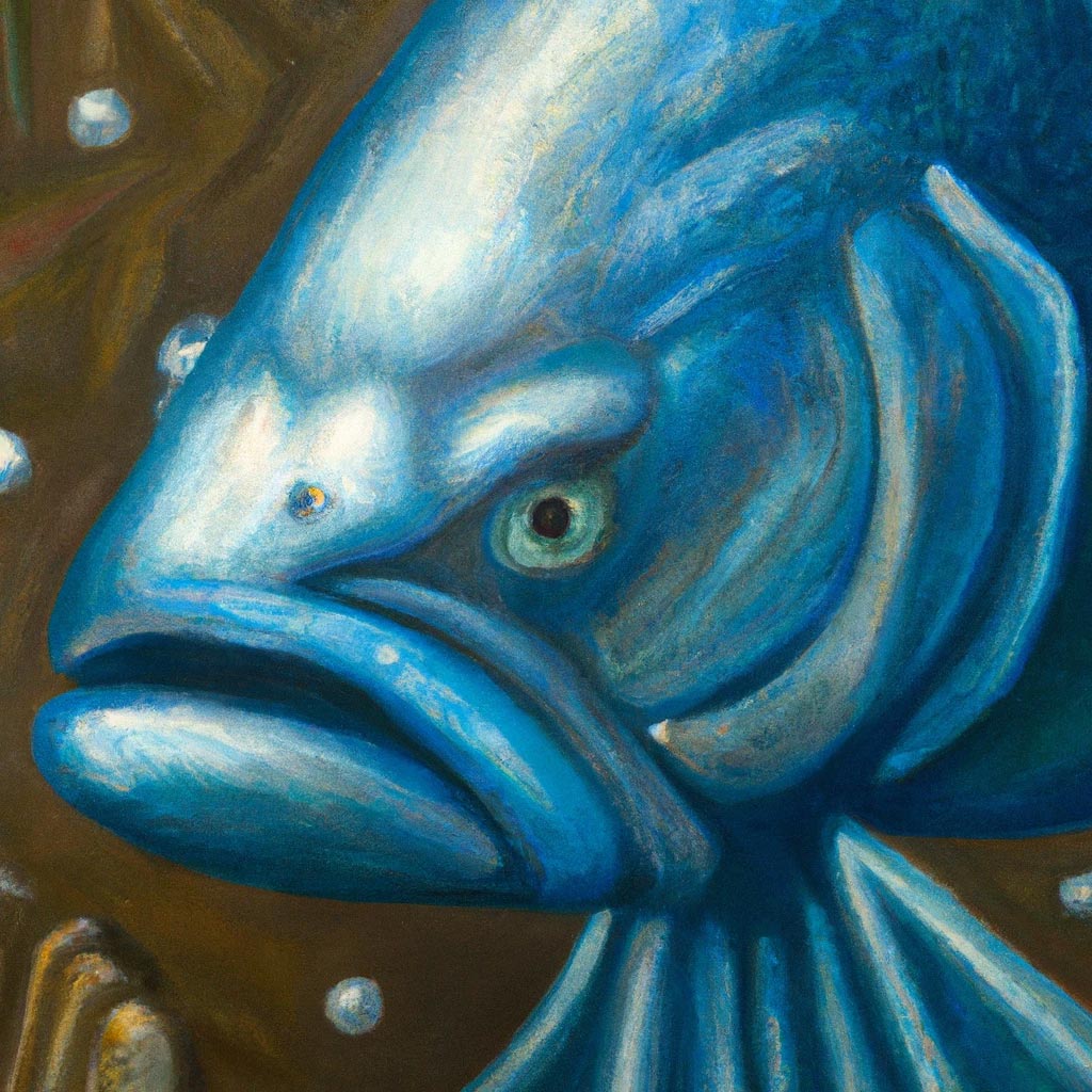 A portrait painting of a blue electric fish humanoid,