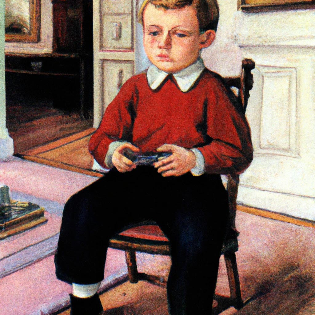 A portrait painting of a boy sitting on the