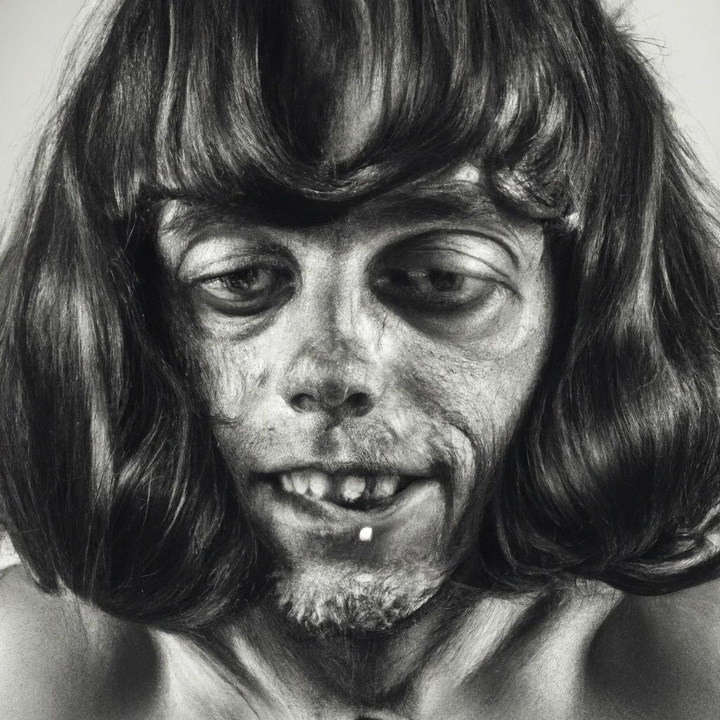 A portrait photo of a crazy ugly drug junky