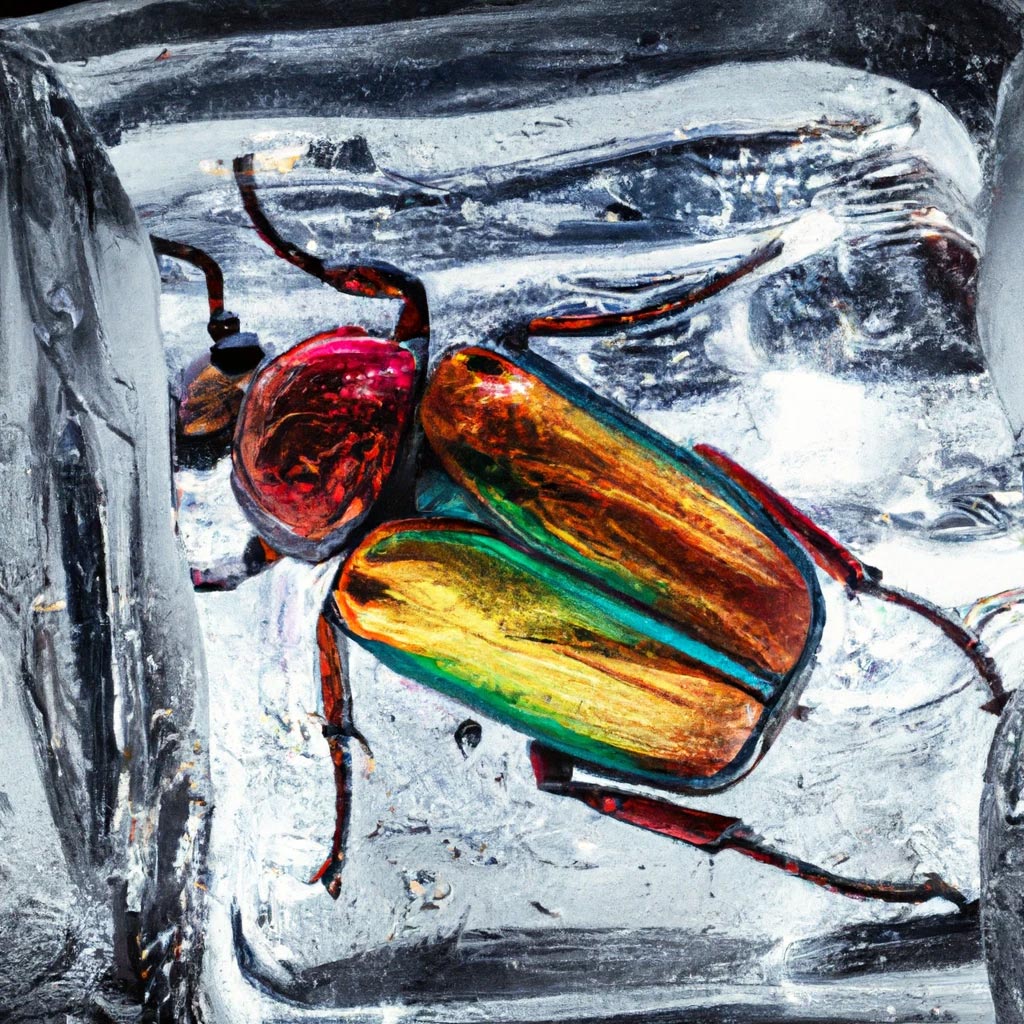 A rainbow-colored beetle inside an ice cube,