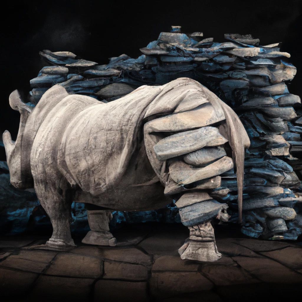 A rhino covered in shale slabs. At