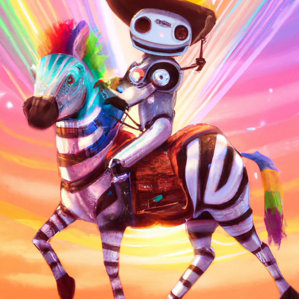 A robot cowboy riding a zebra which has rainbow