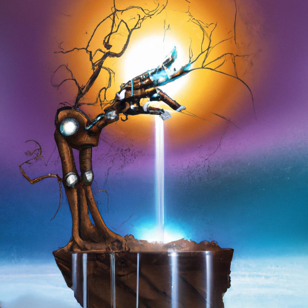A romance novel cover of a robotic tree pour