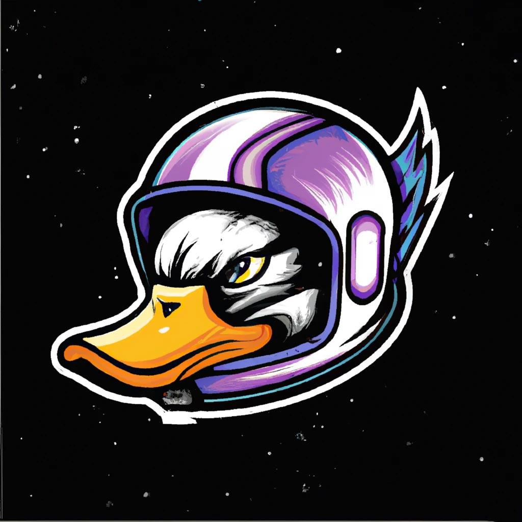 A serious-looking duck wearing a racing helmet, the background