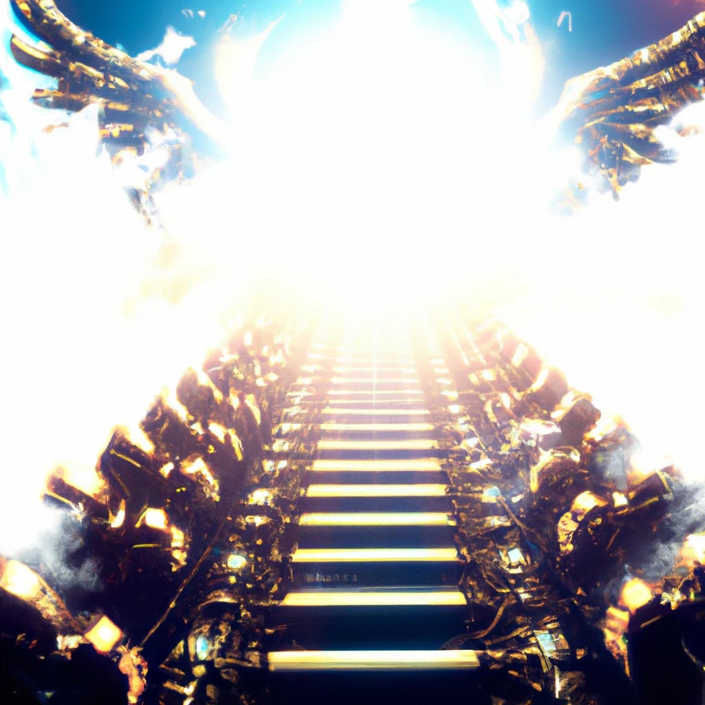 A staircase of angel halos ascending into the clouds