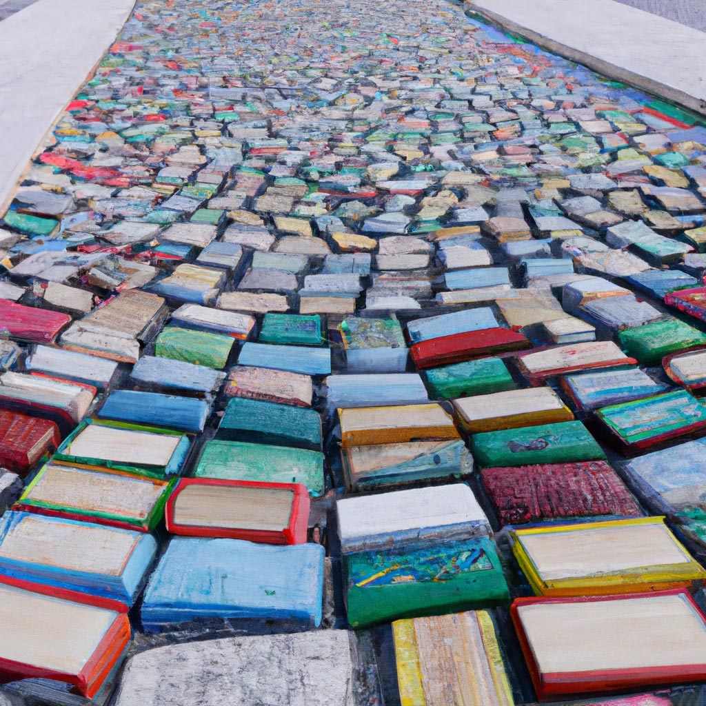 A stone road paved with books, the path is