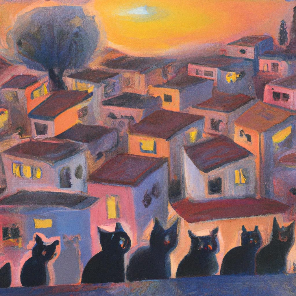 A town of cats with a sunset, gouache painting