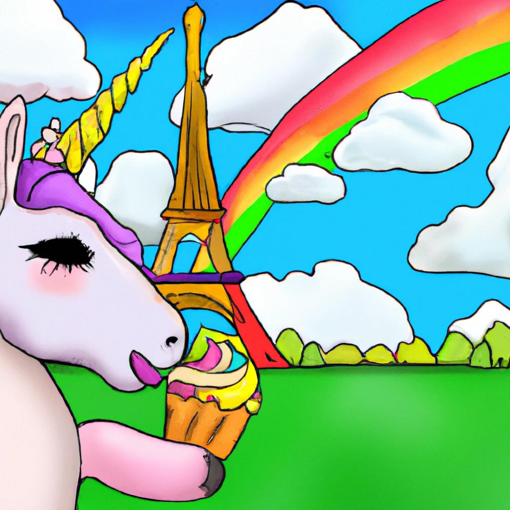A unicorn eating a cupcake in front of the
