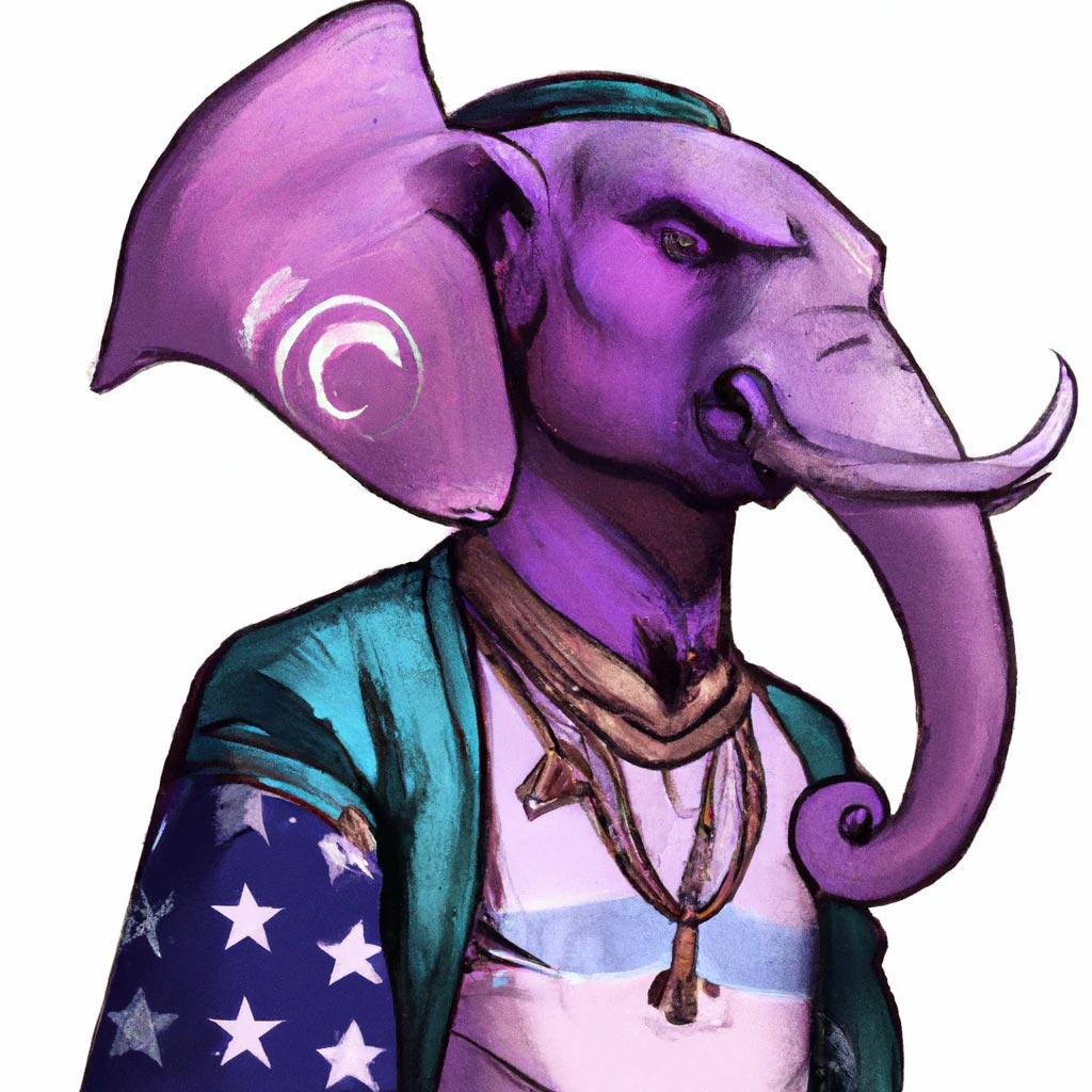 A vivid chibi anthropomorphic elephant man wearing trendy clothing.