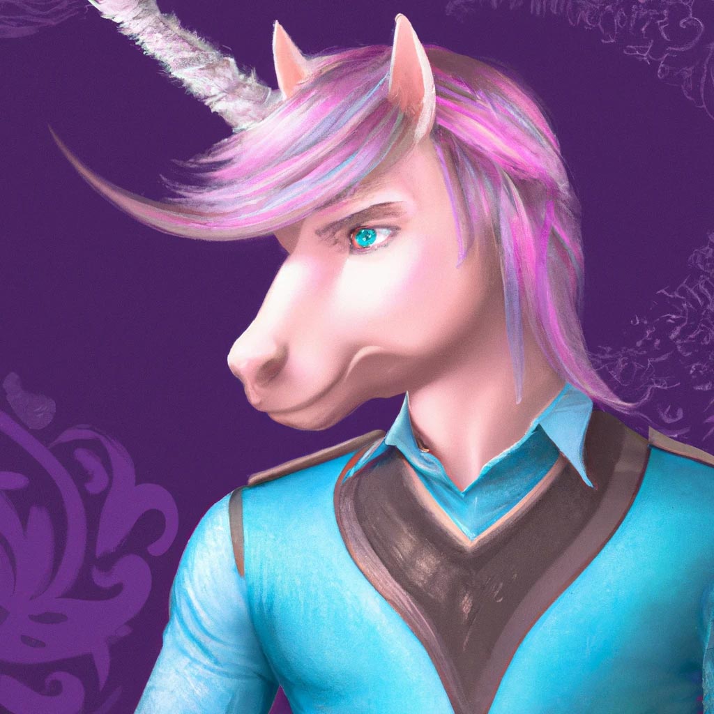A vivid chibi anthropomorphic unicorn man wearing trendy clothing.