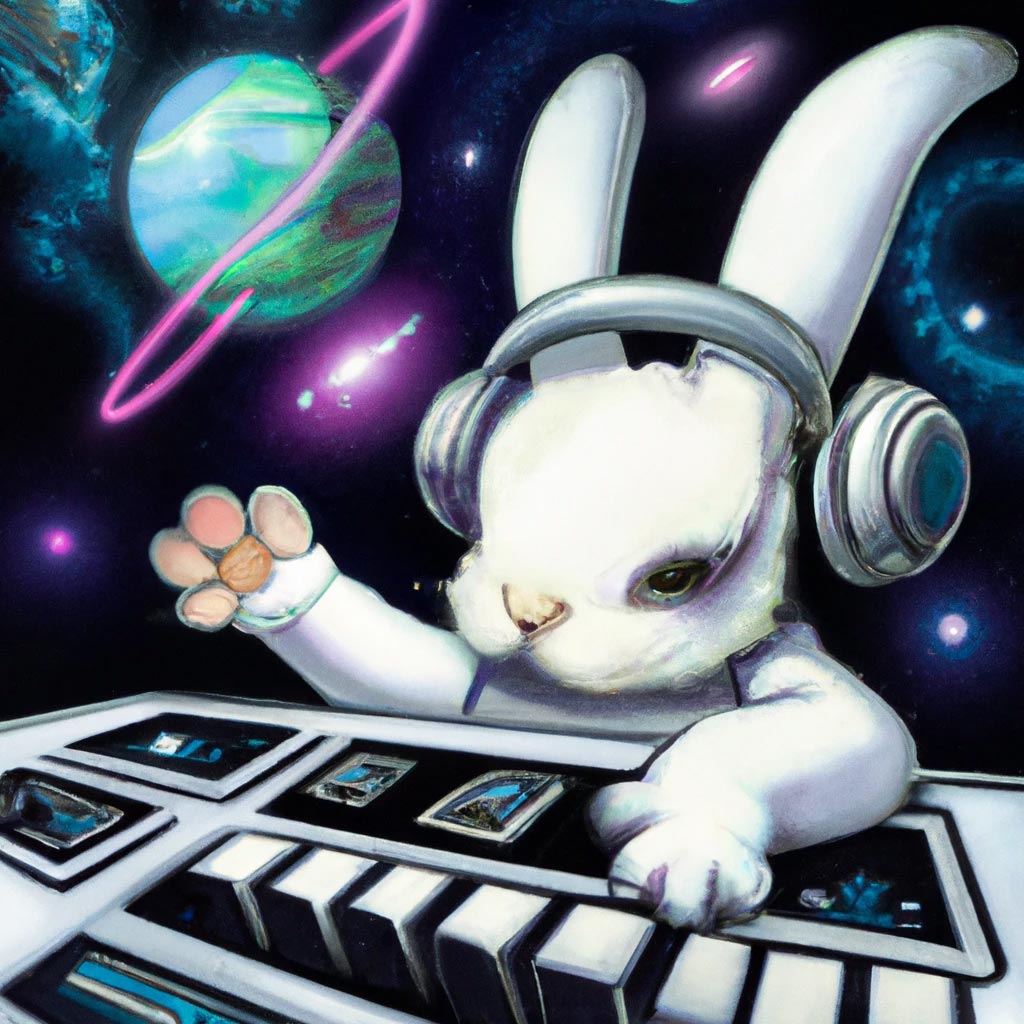 A white netherland dwarf astronaut bunny playing a synthesizer