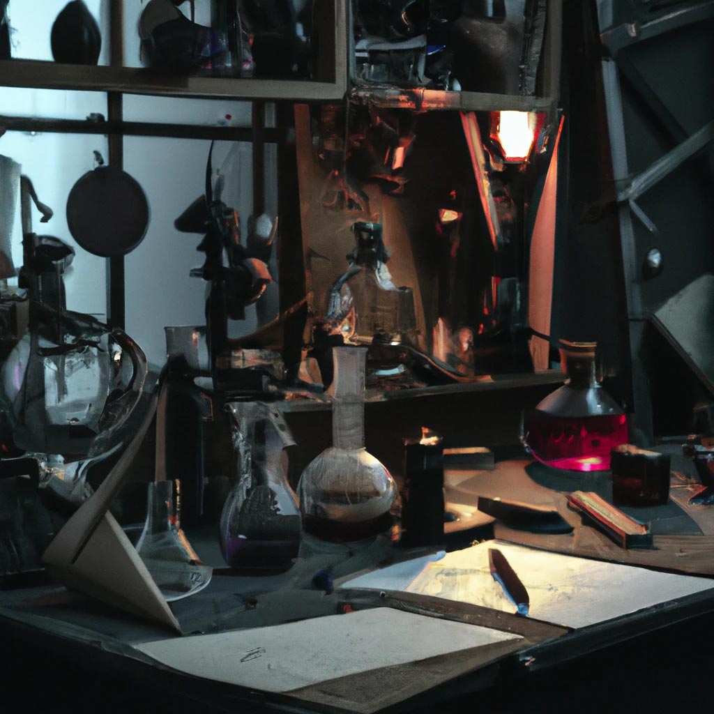 A workshop of a alchemist. Different Glass equipments on