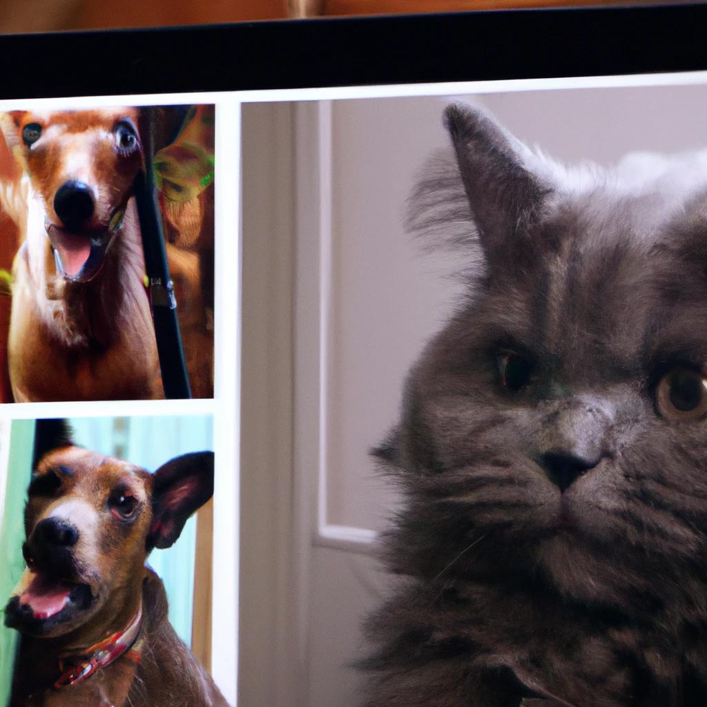 A zoom video call between cats and dogs