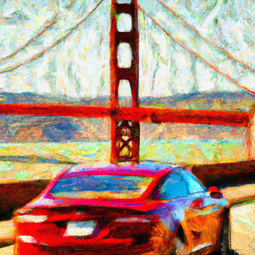 An abstract impressionist painting of a Tesla model three