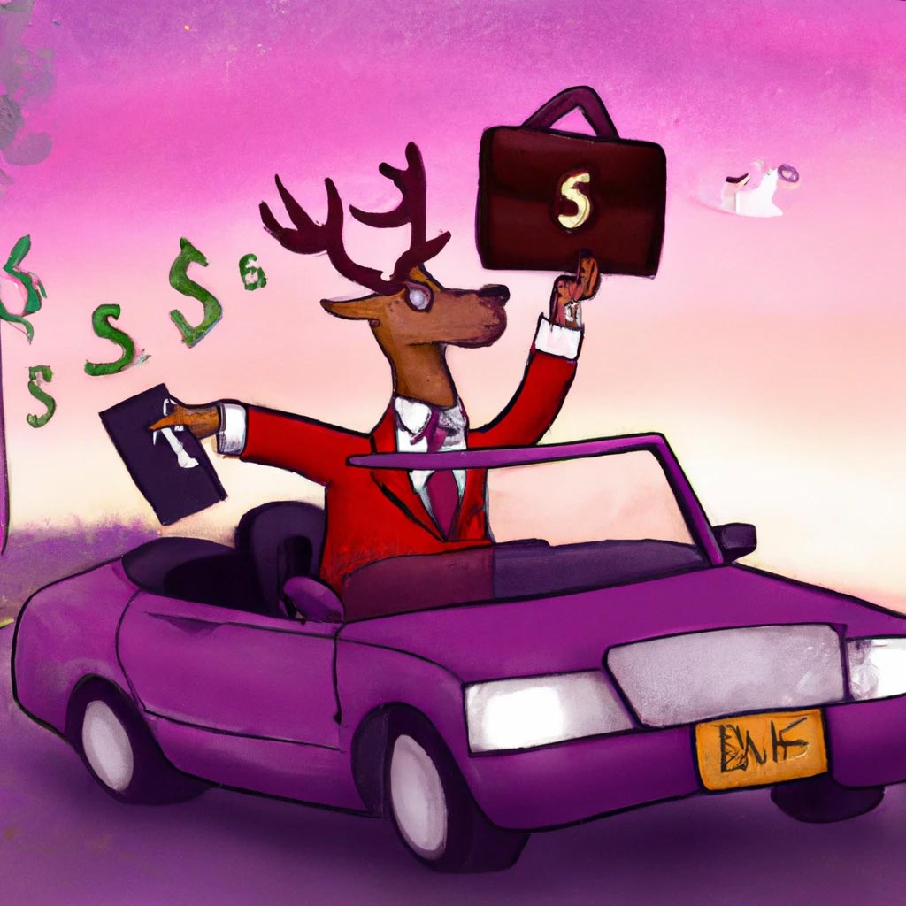An anthropomorphic deer with huge antlers, a suit, a