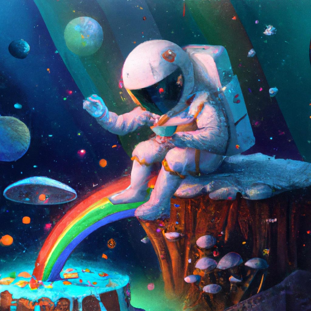 An astronaut eating a magic mushroom birthday cake while
