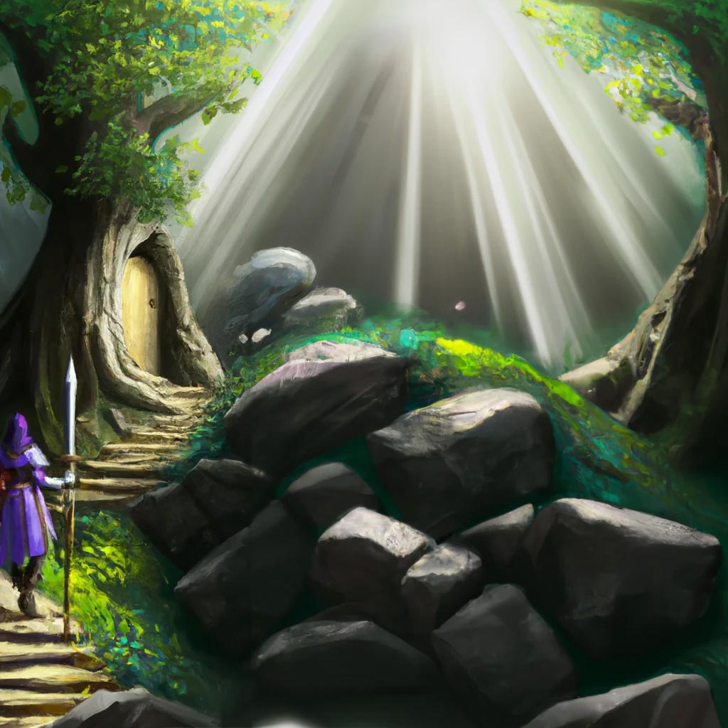 An fantasy illustration of trees and stones