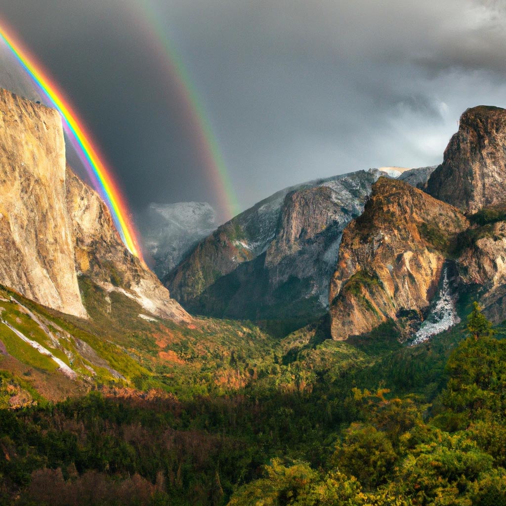 An intense double rainbow over Yosemite National