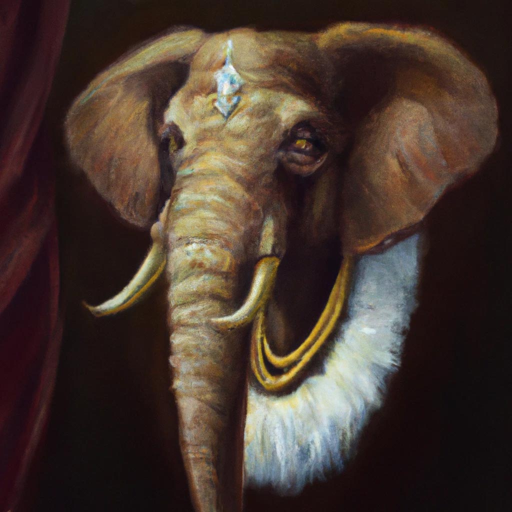 An oil painting portrait of and elephant wearing a