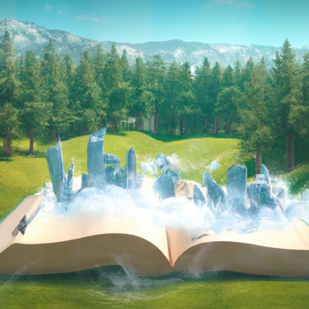 An open magical book lying on a grassy forest