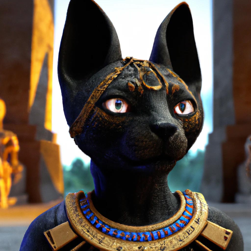 Ancient Egyptian black and gold cat, portrait, finely detailed,