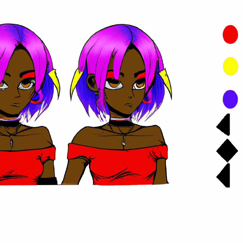 Anime character reference sheet, as colored line art, of