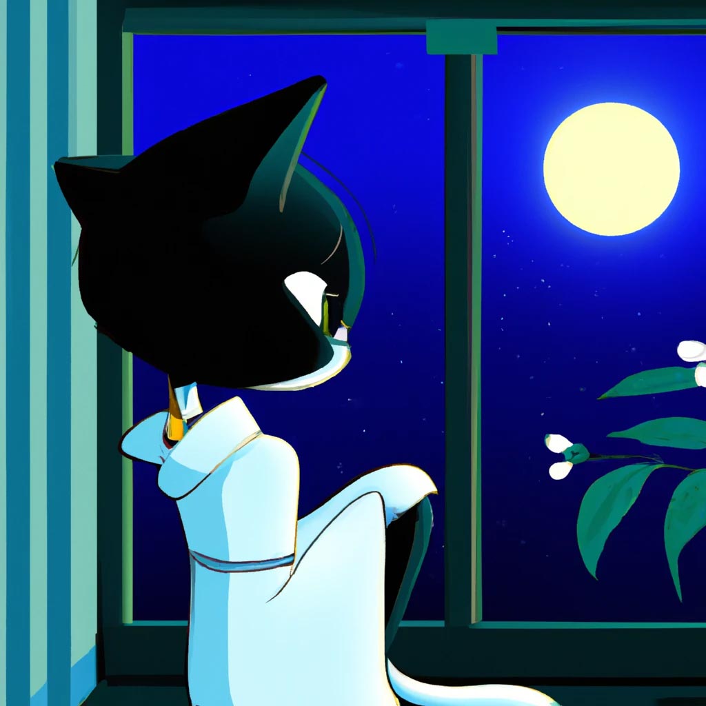 Anime style black cat, sitting outside a Japanese window,