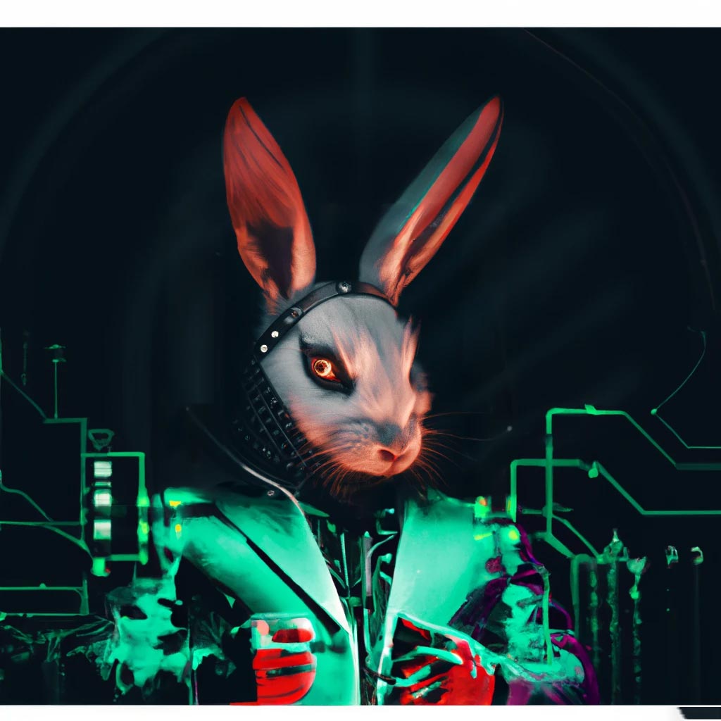 Anthropomorphic Rabbit humanoid with a glowing Bionic eye,wearing a