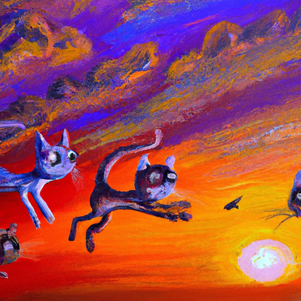 Cats flying in the sky at sunset oil painting