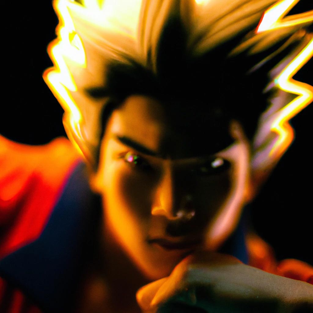 Close-up portrait of Goku glowing with lightning going Super